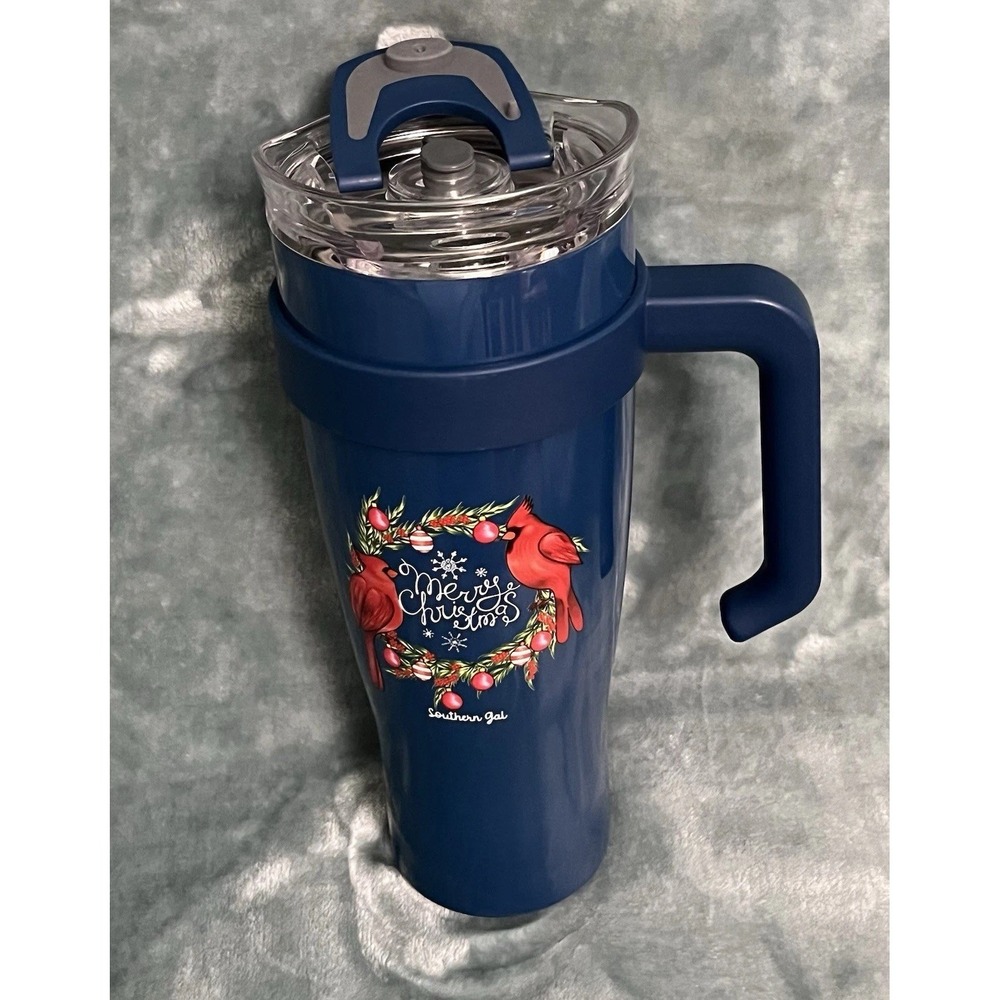 40oz Southern Gal Navy Blue Tumbler Cup Merry Christmas Wreath Cardinals‎